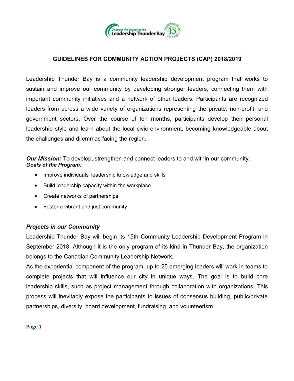 Guidelines for Community Action Projects (Cap) 2018/2019