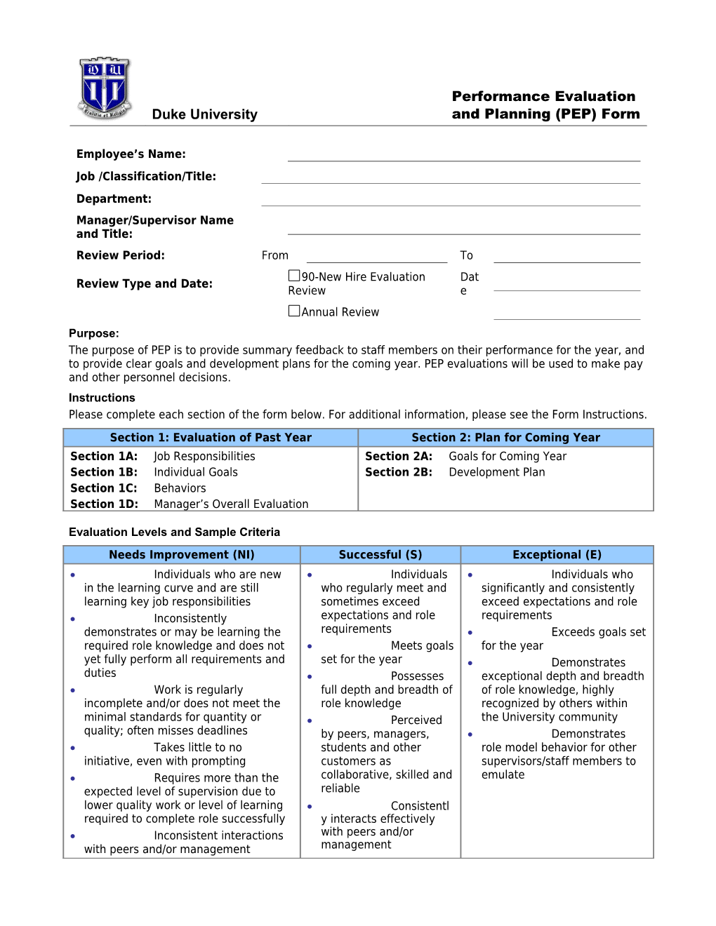 Performance Evaluation and Planning (PEP) Form