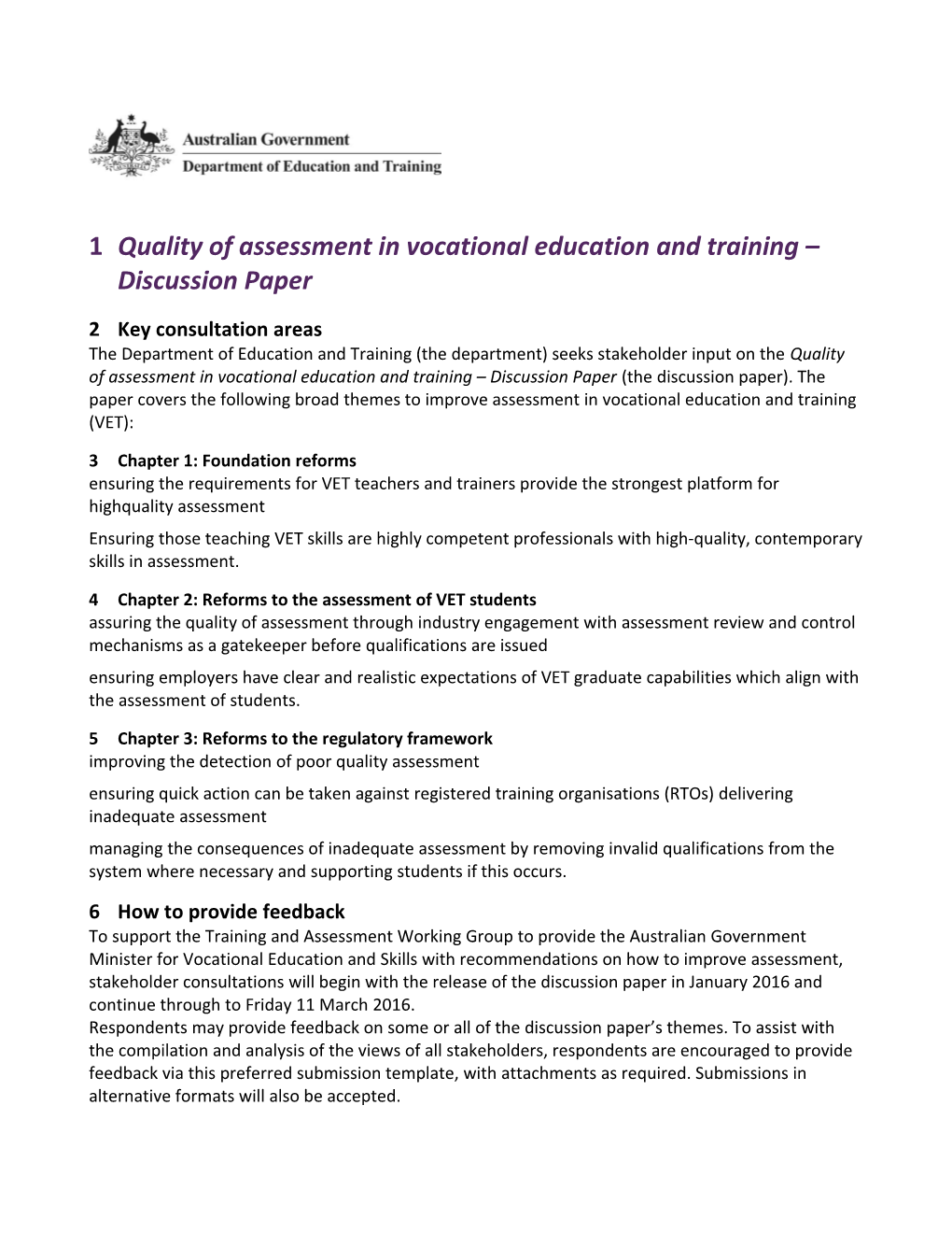 Quality of Assessment in Vocational Education and Training Discussion Paper