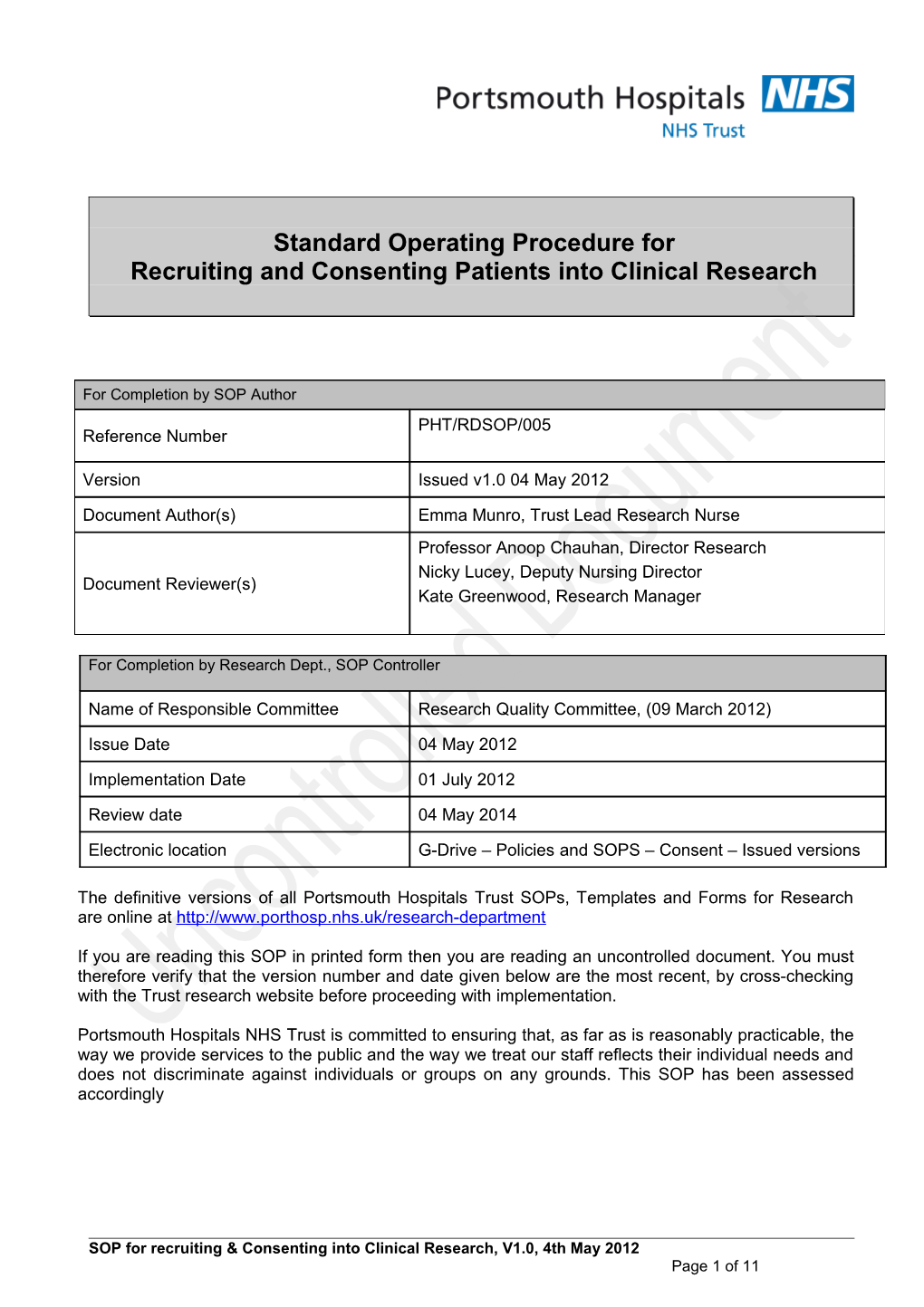 Portsmouth Hospitals Procedural Document Template s3