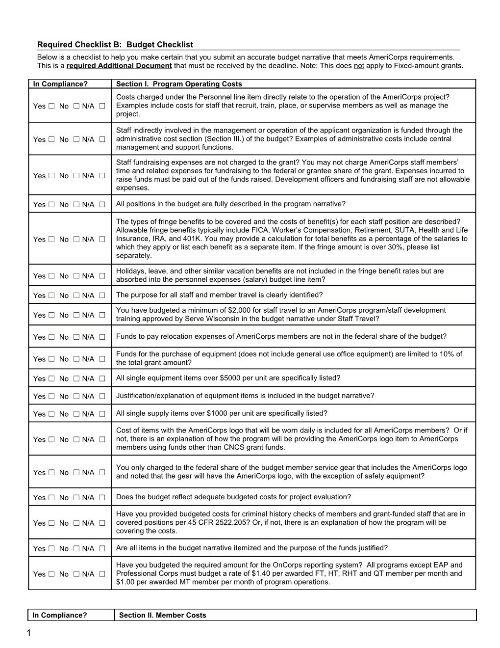 Required Checklist B: Budget Checklist