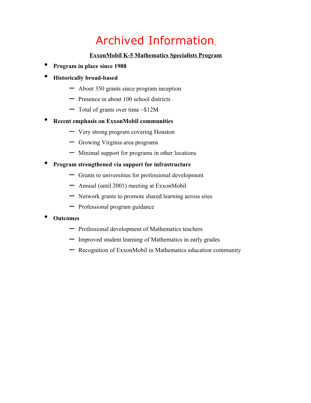 Archived: Exxon Mobil Foundation K-5 Mathematics Specialists Program