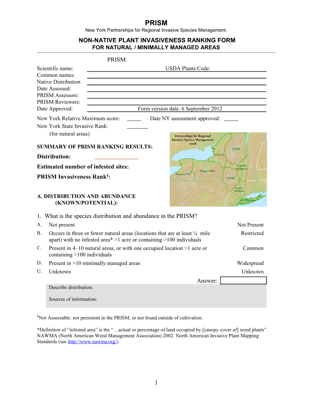 New York Non-Native Plant Invasiveness Ranking Form