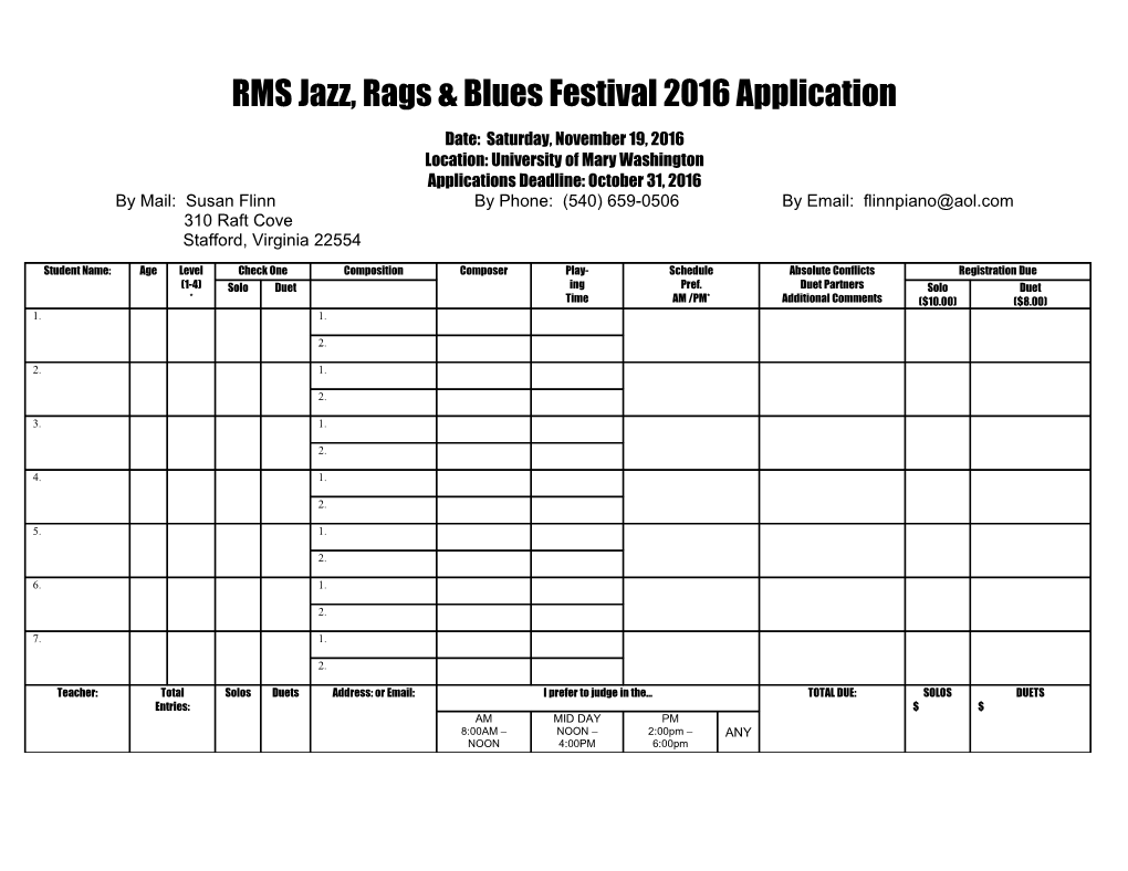 RMS Jazz Festival 2002 Application