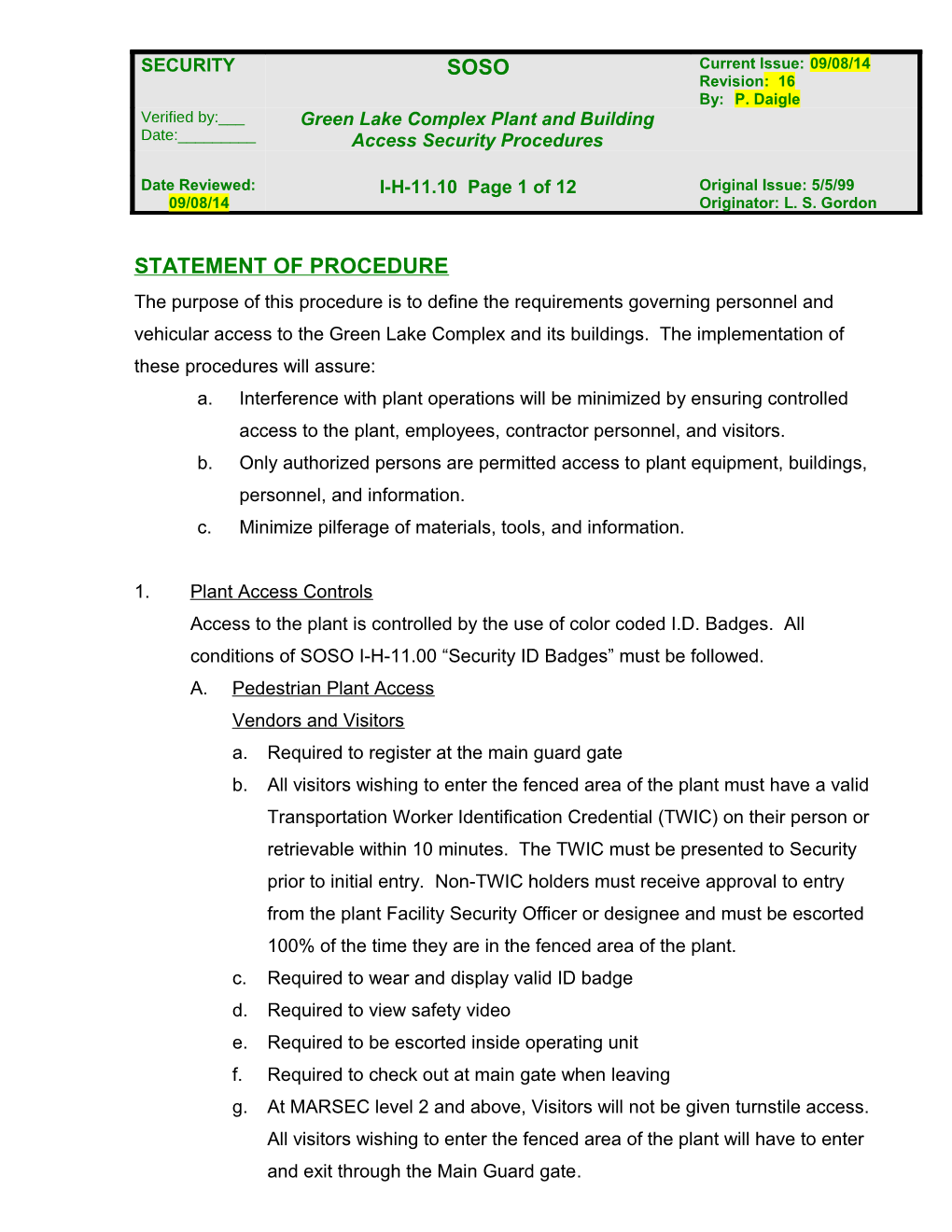 Bp Chemical Green Lake Plant & Building Access Security Procedures