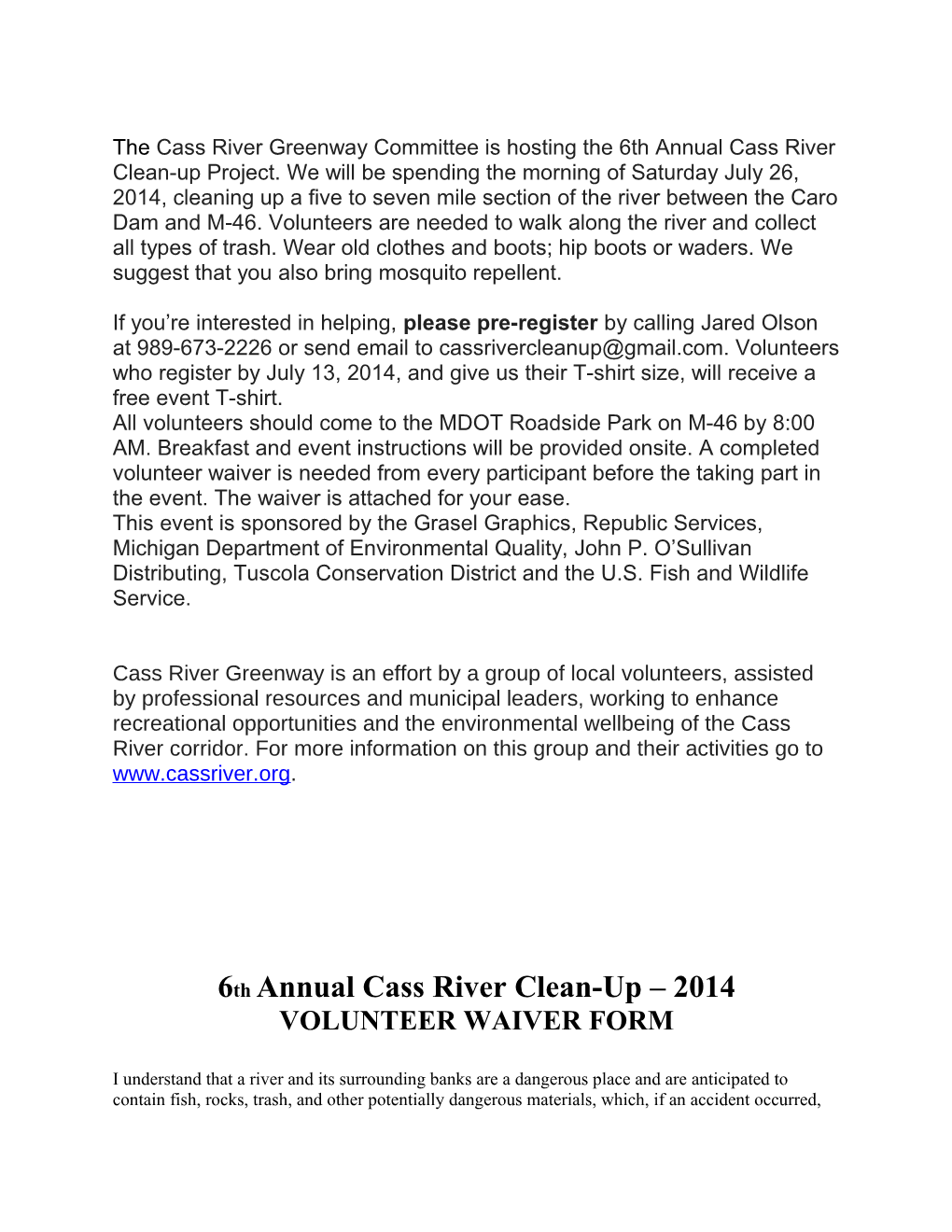 6Th Annual Cass River Clean-Up 2014