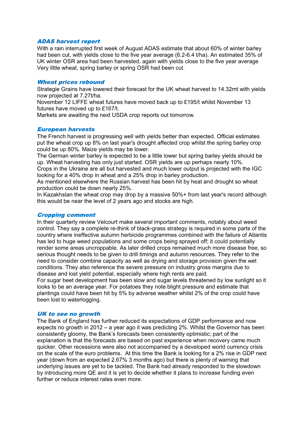 ADAS Harvest Report