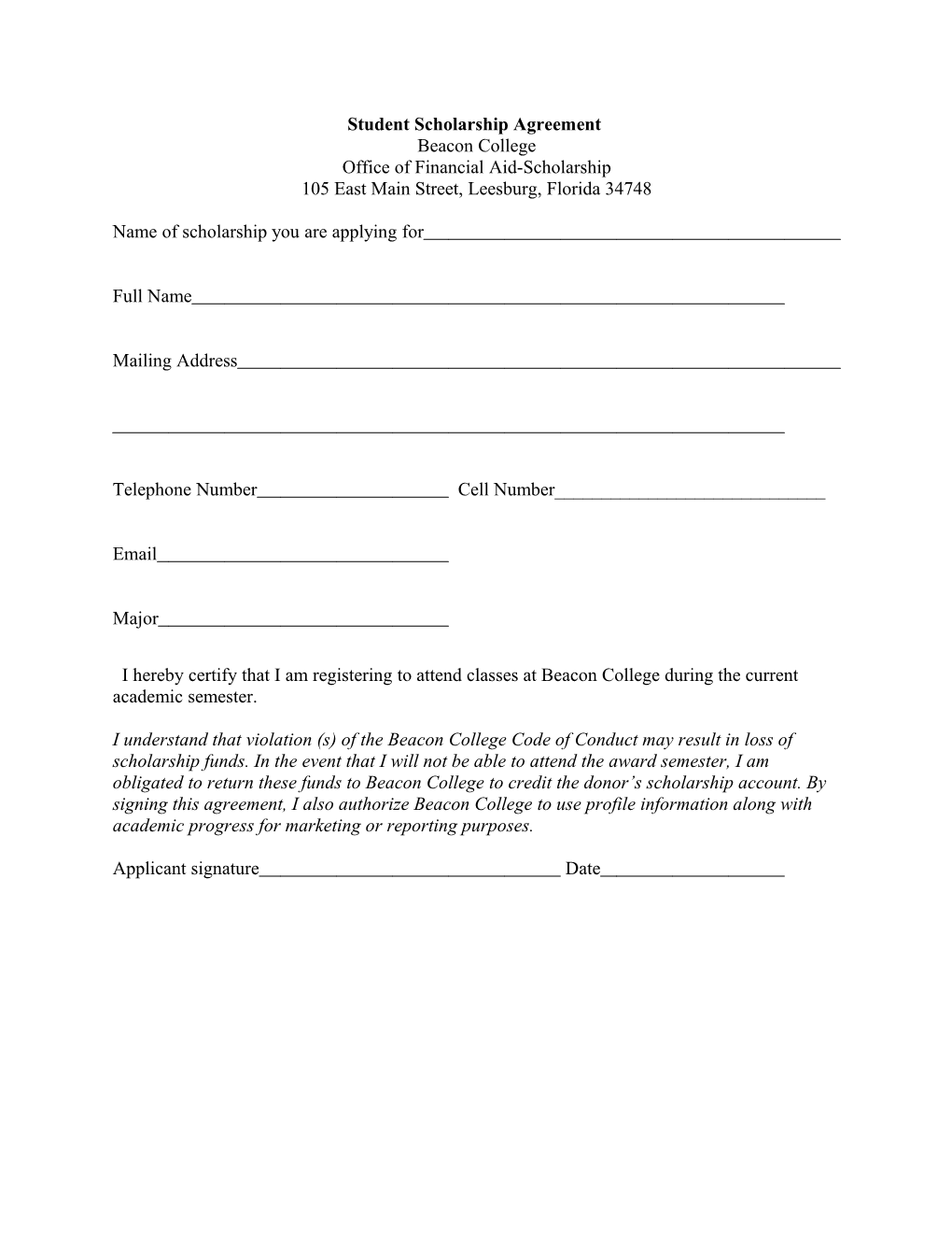 Student Scholarship Agreement