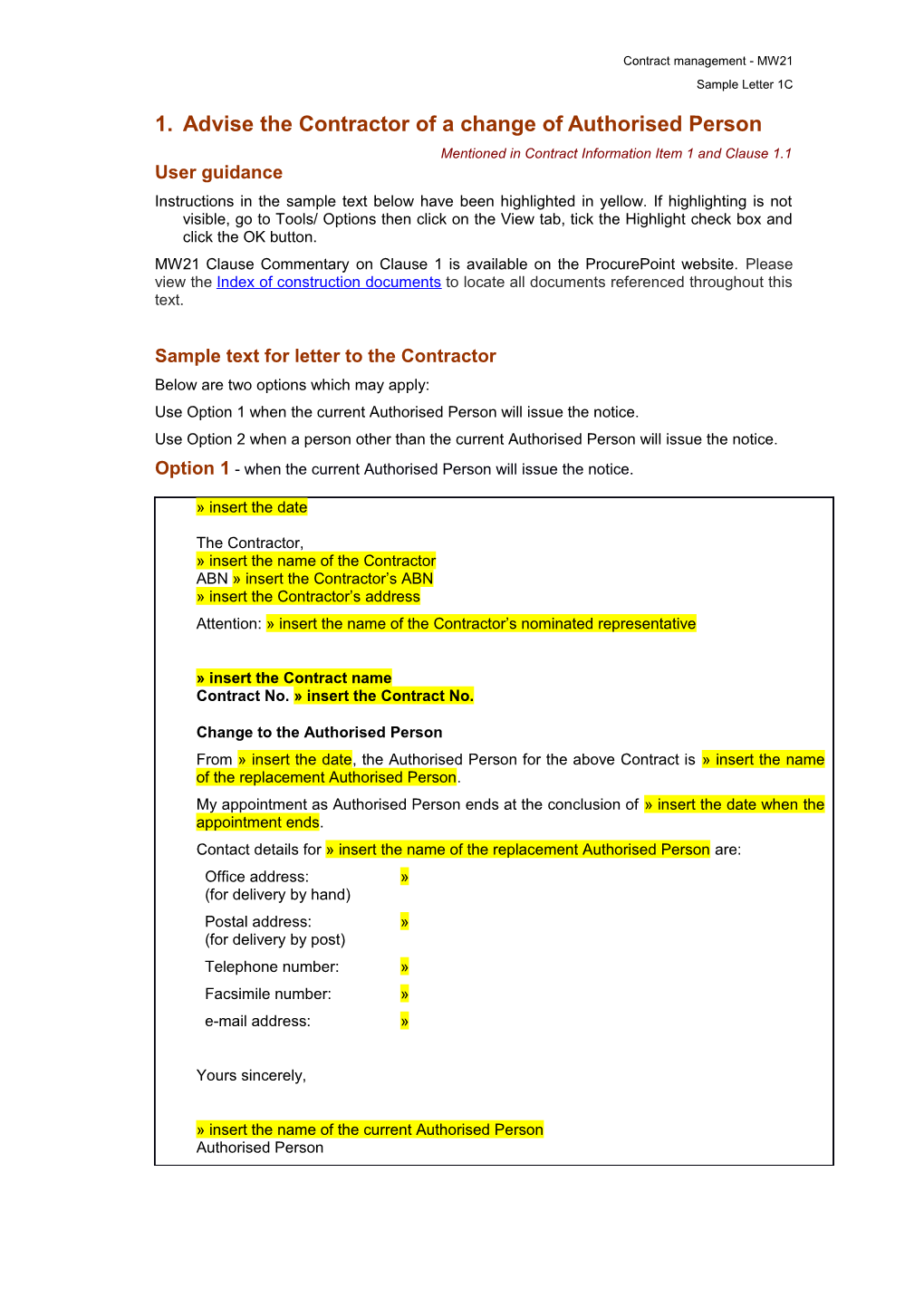 MW21 Sample Letter 1C - Advise The Contractor Of A Change Of Authorised Person