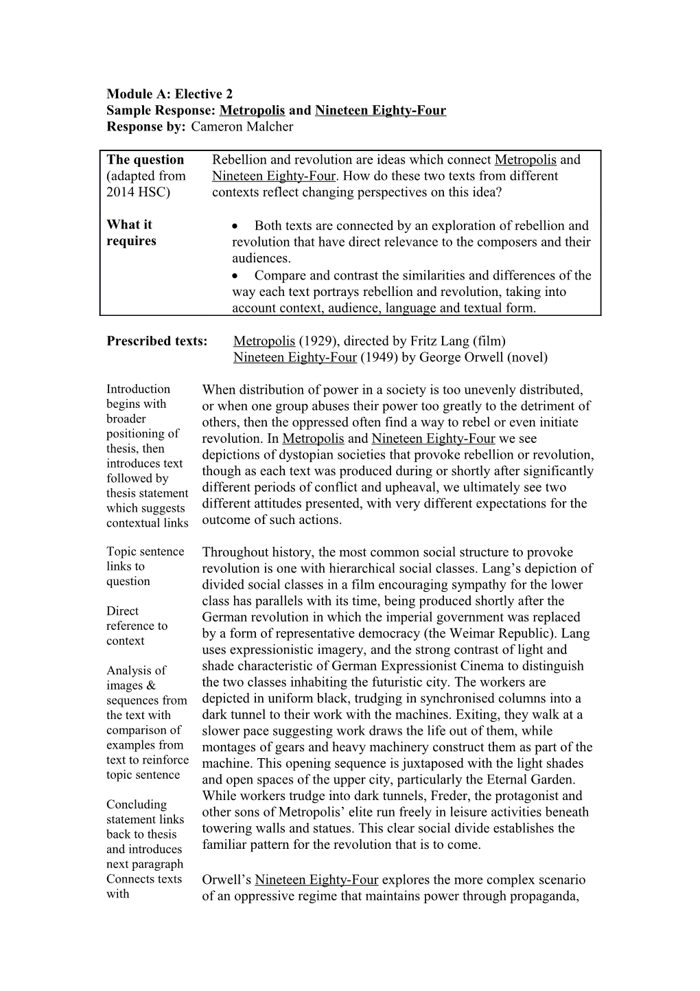 Sample Response: Metropolis and Nineteen Eighty-Four