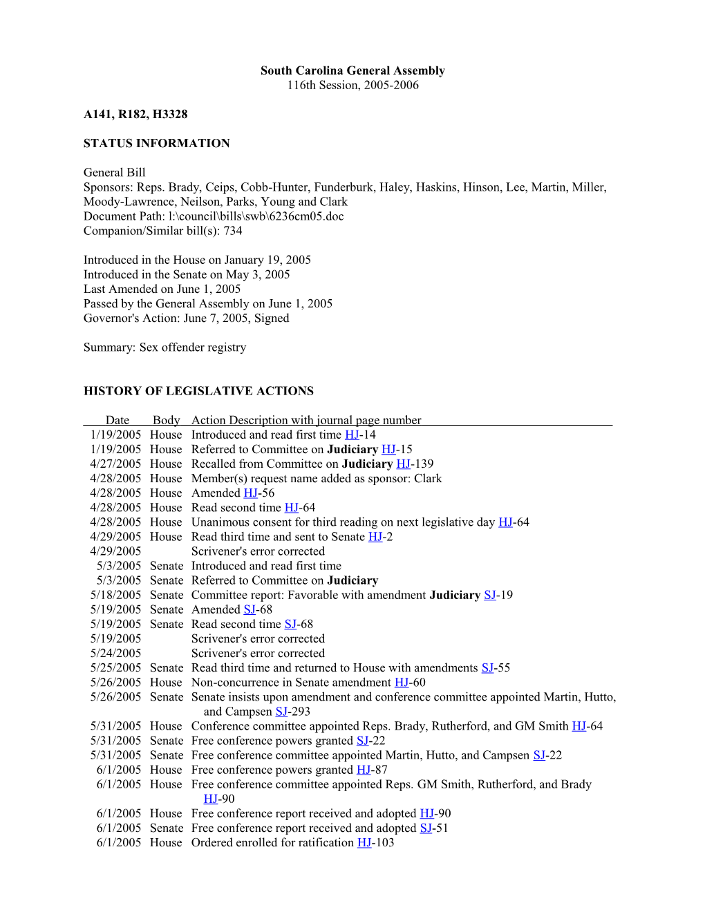 2005-2006 Bill 3328: Sex Offender Registry - South Carolina Legislature Online