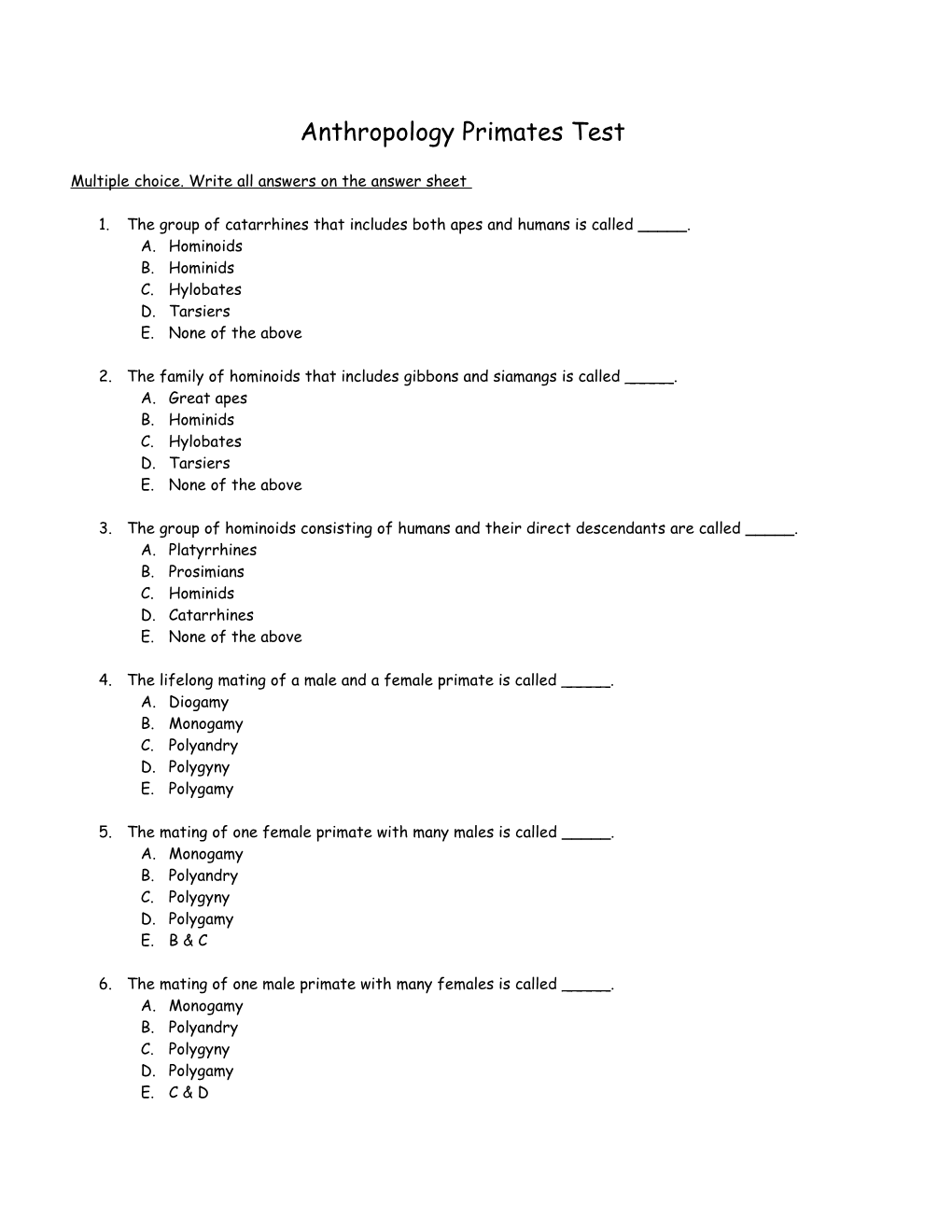 Anthropology Primates Test