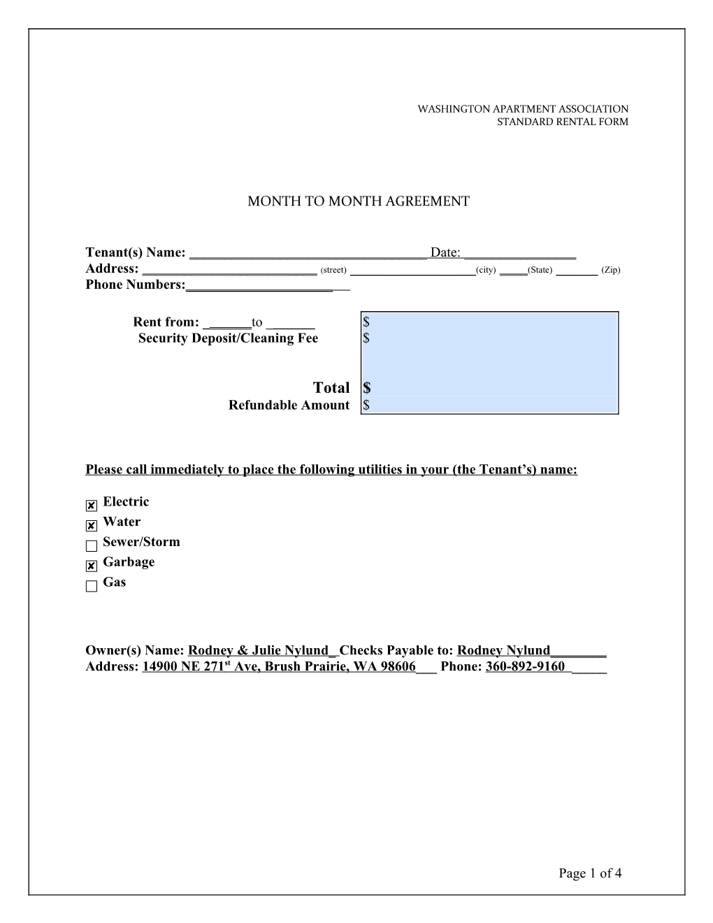 Washington Apartment Association Standard Rental Form