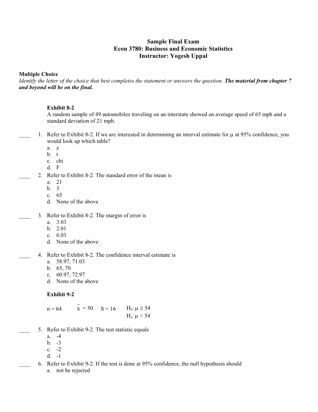 Sample Final Exam Part II