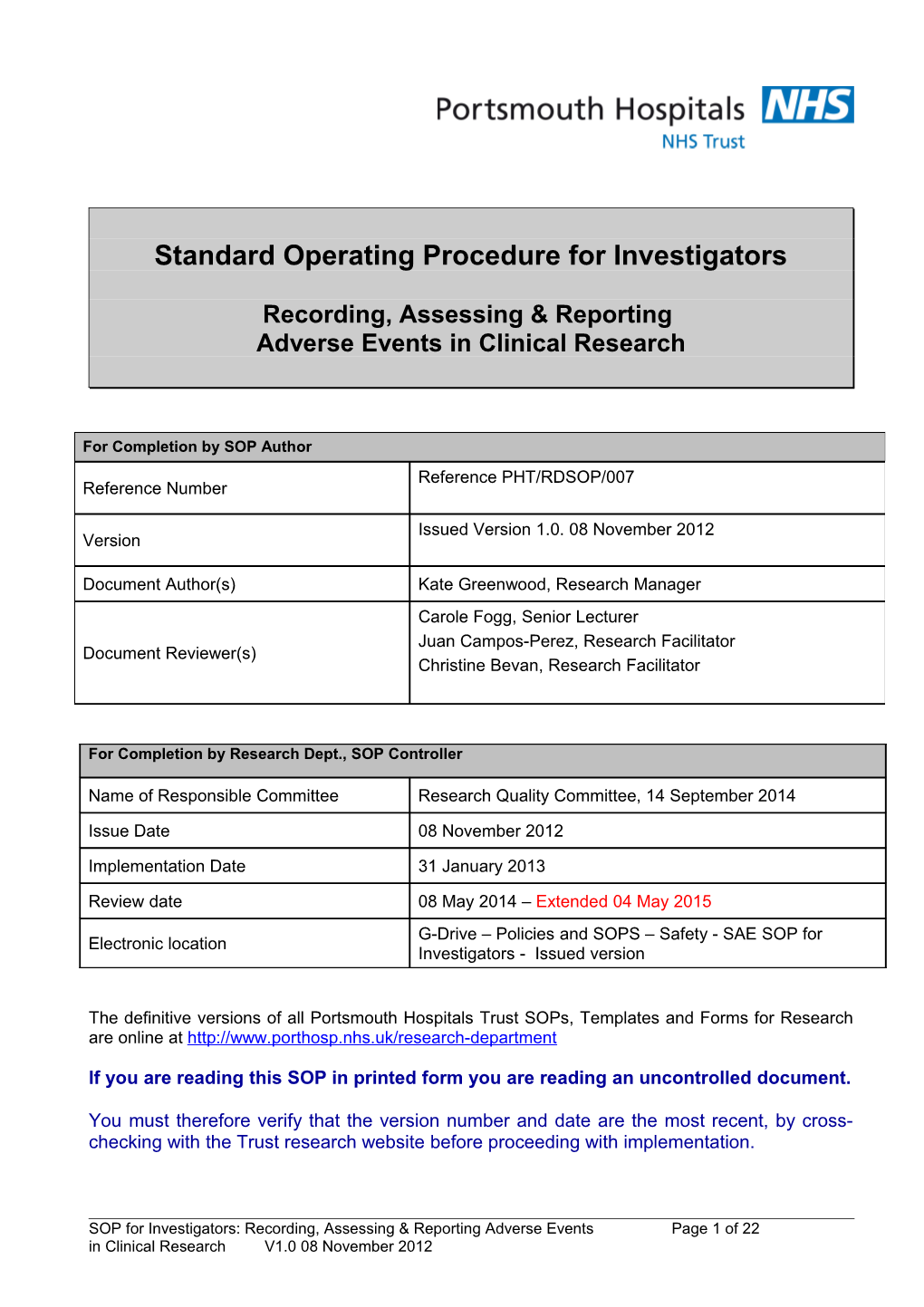 Portsmouth Hospitals Procedural Document Template s5