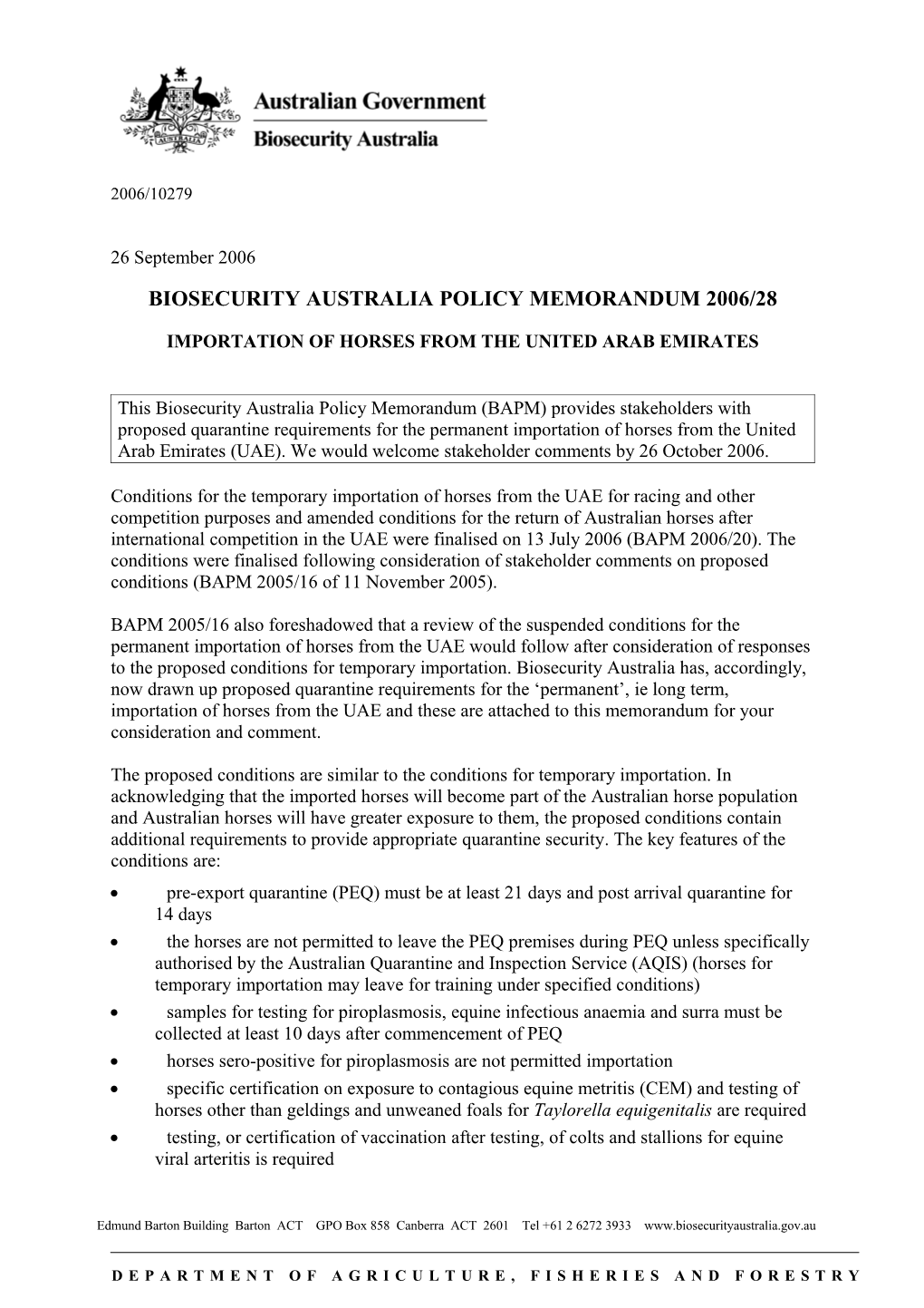 Biosecurity Australia Policy Memorandum 2006/28