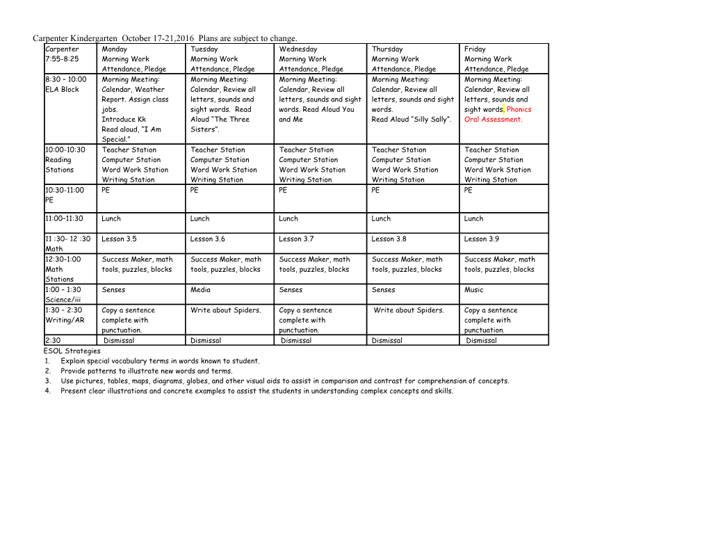 Carpenter Kindergarten October 17-21,2016 Plans Are Subject to Change