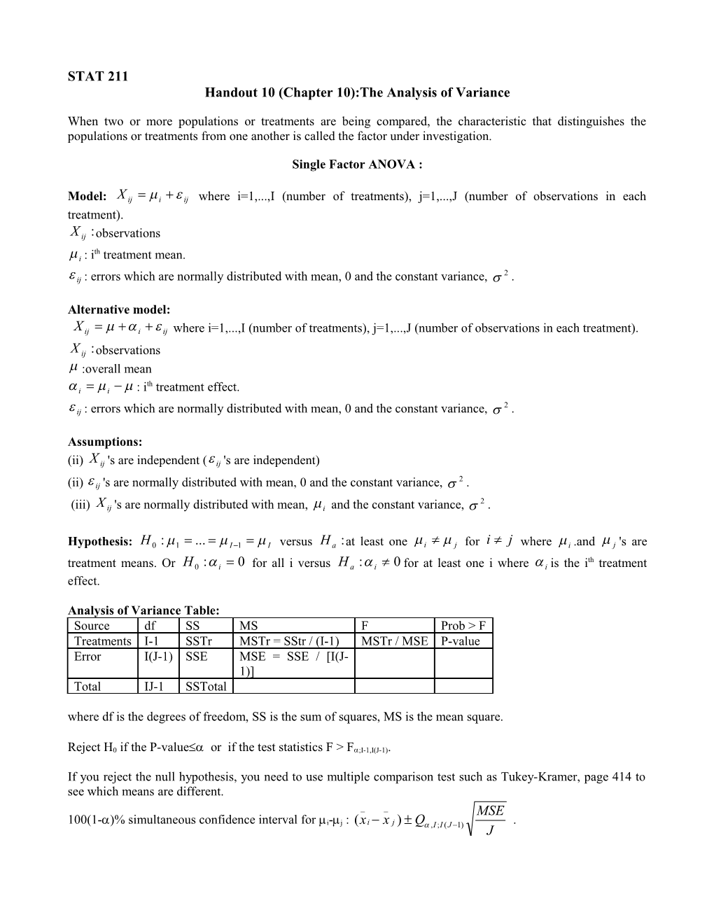 Handout 10 (Chapter 10):The Analysis of Variance