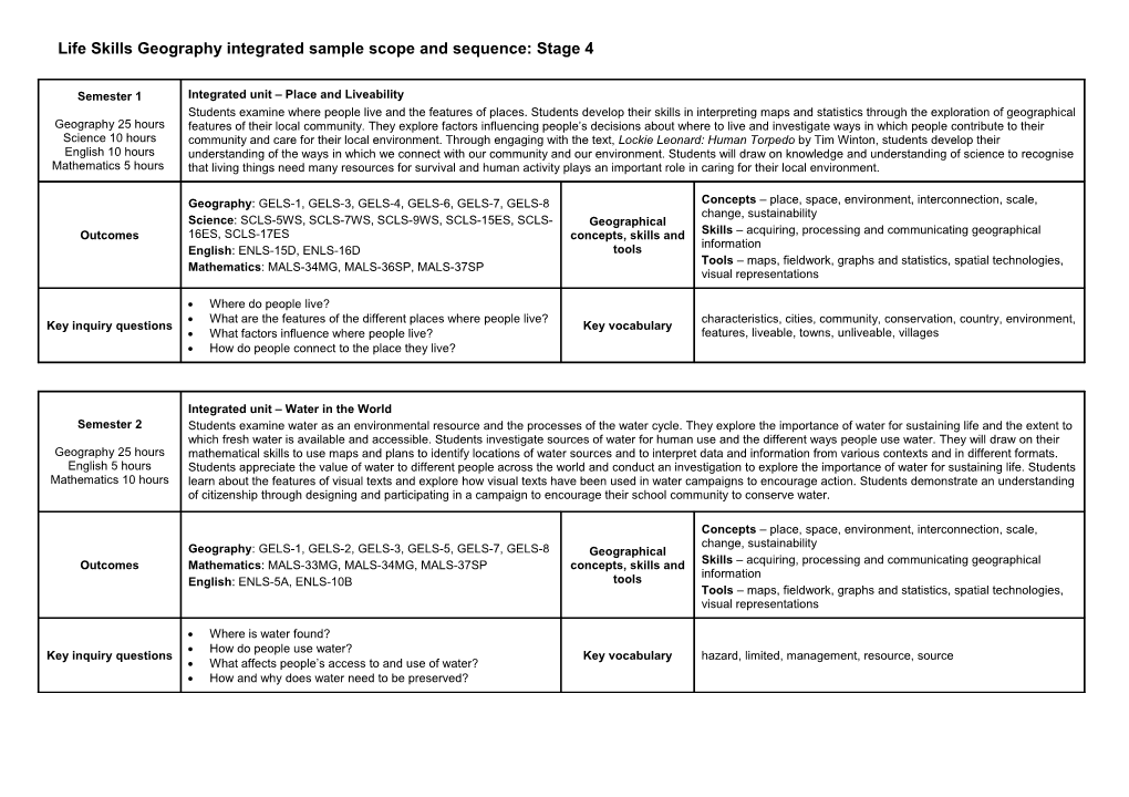 Life Skills Geography Integrated Sample Scope and Sequence: Stage 4