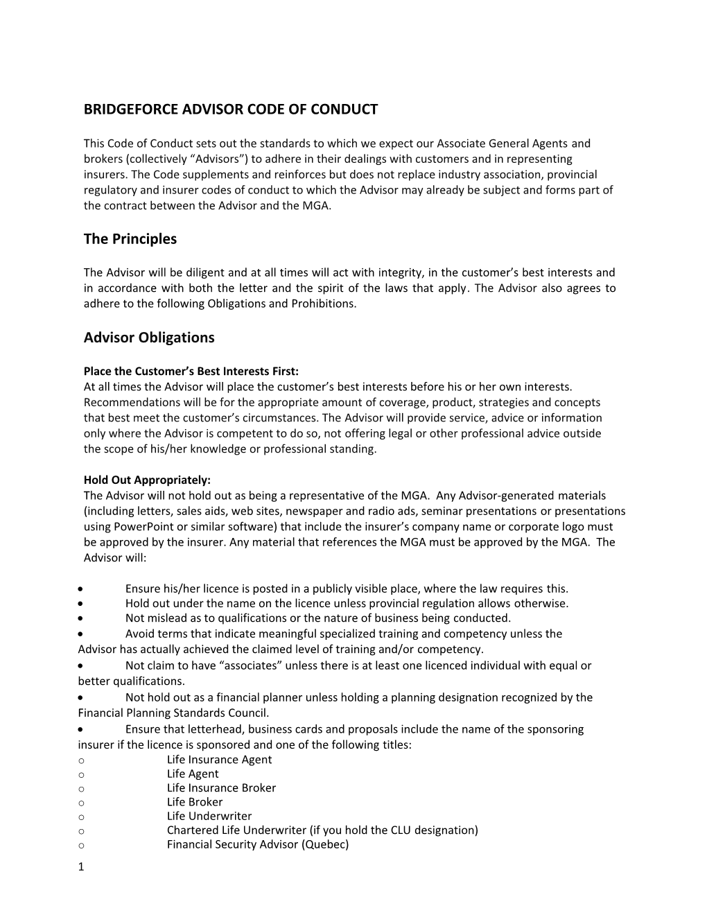 Bridgeforce Advisor Code of Conduct