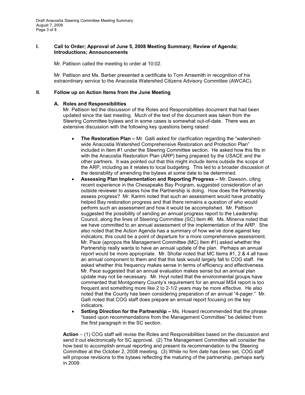 Draft Anacostia Steering Committee Meeting Summary