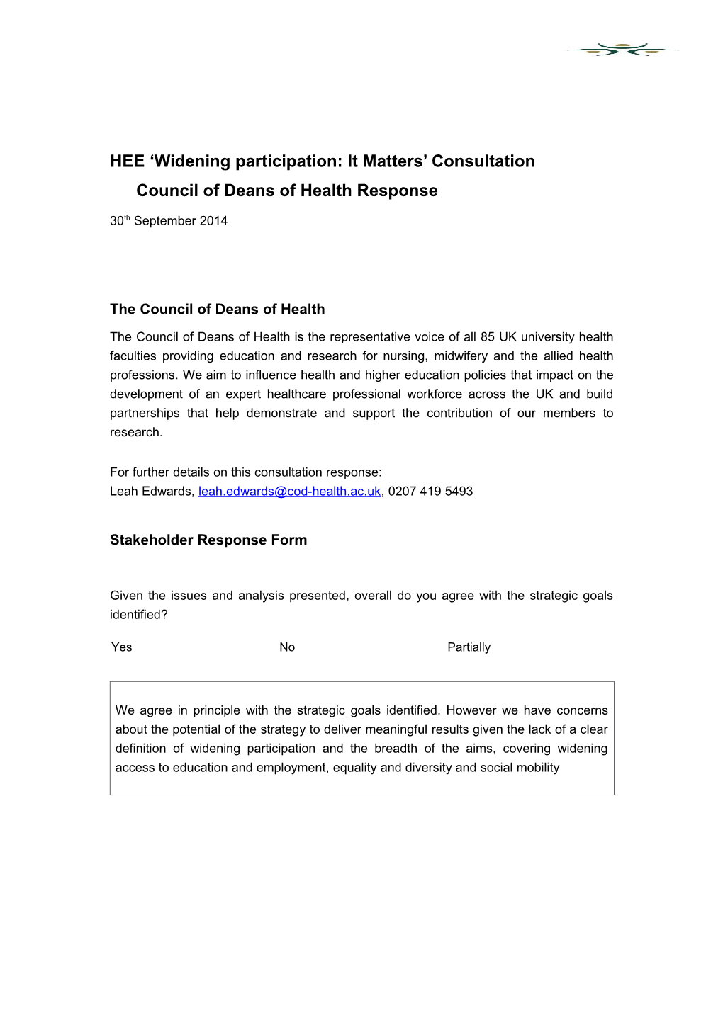 HEE Widening Participation: It Matters Consultationcouncil of Deans of Health Response