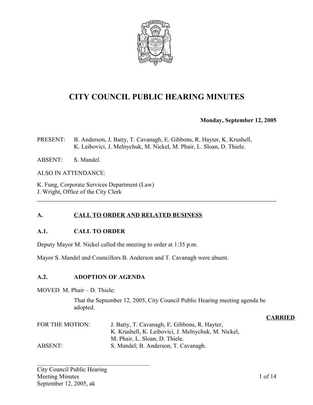 Minutes for City Council September 12, 2005 Meeting