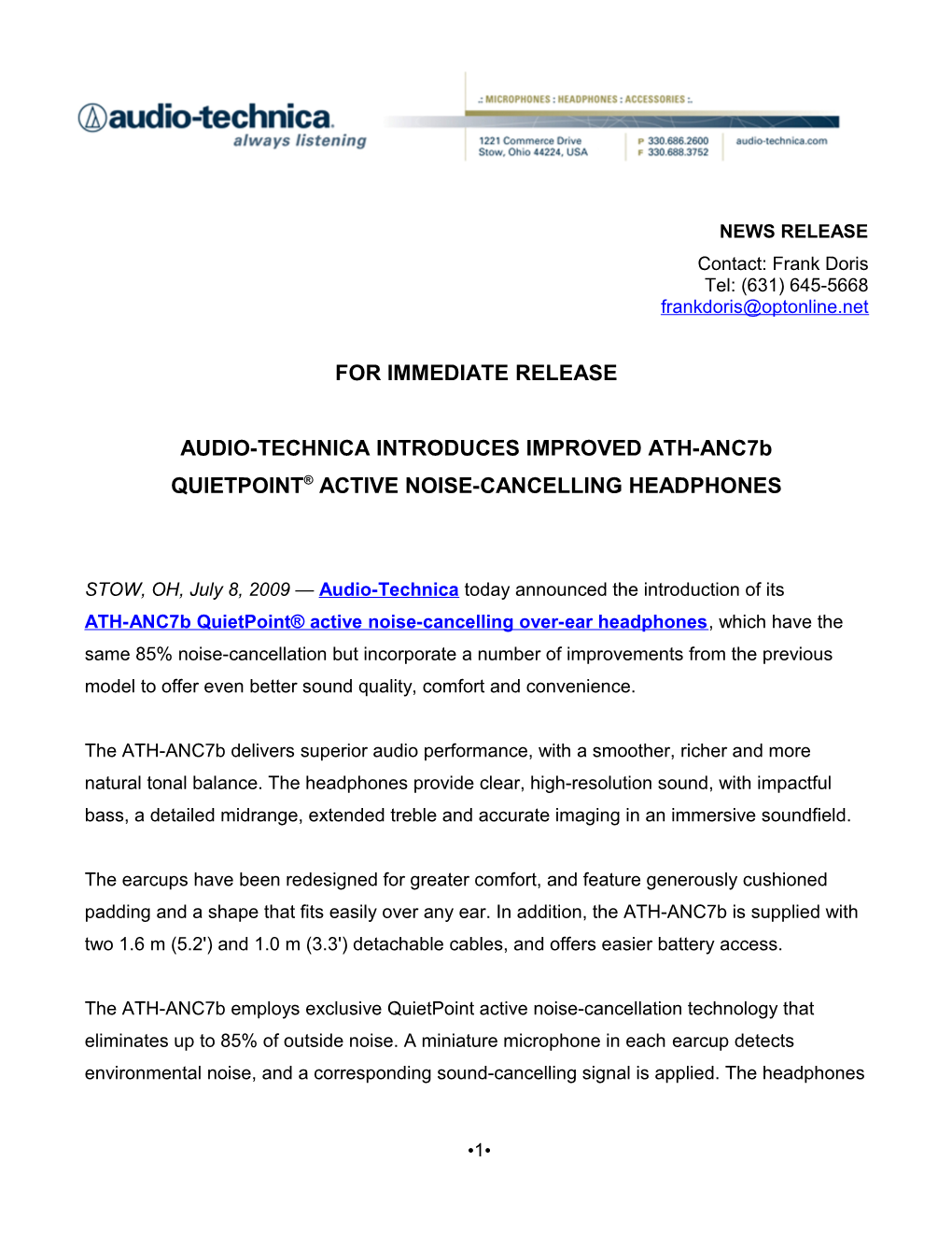 Audio-Technica ATH-Anc7b Press Release