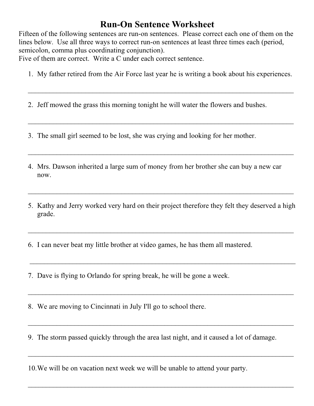 Run-On Sentence Worksheet