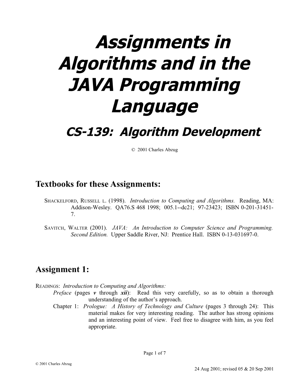 CS-139: Algorithm Development Assignments