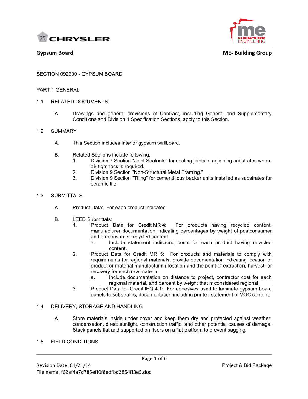 Section 09260 - Gypsum Board Assemblies