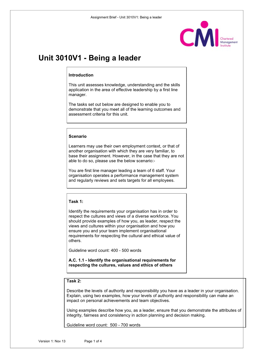 Assignment Brief - Unit 3010V1: Being a Leader