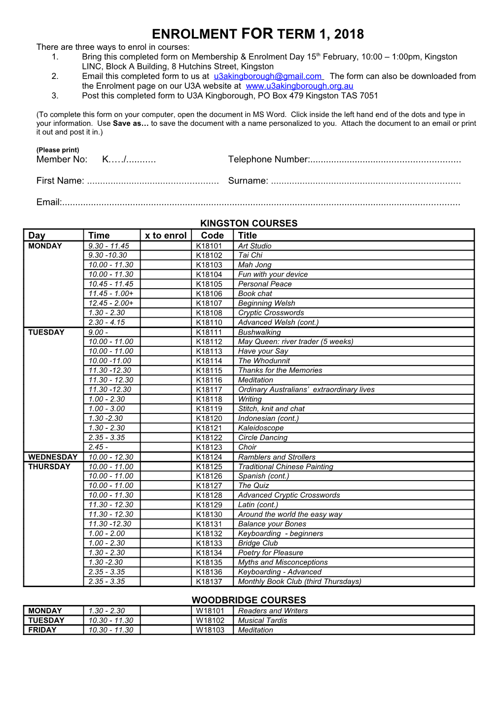 Enrolment for Term 1, 2018