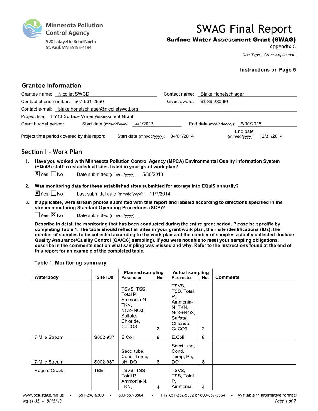 SWAG Final Report -Surface Water Assessment Grant (SWAG)- Appendix C - Form