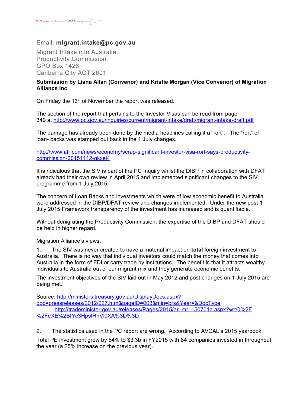 Submission DR89 - Migration Alliance Inc - Migrant Intake Into Australia - Public Inquiry