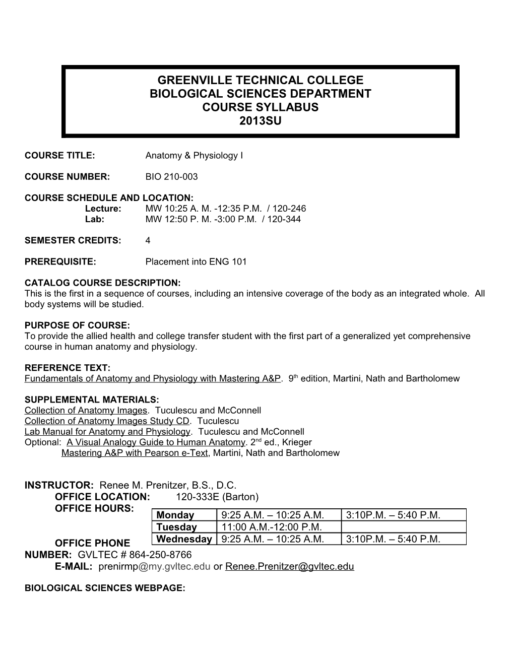 COURSE TITLE: Anatomy & Physiology I