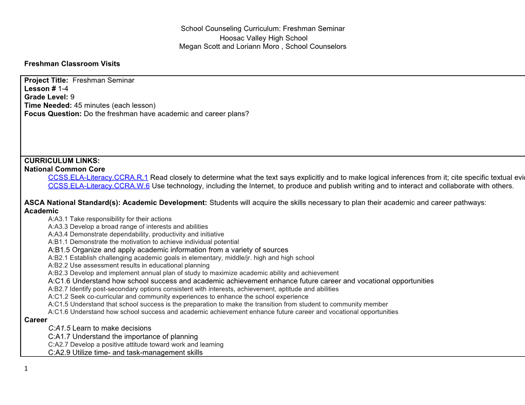 School Counseling Curriculum: Freshman Seminar