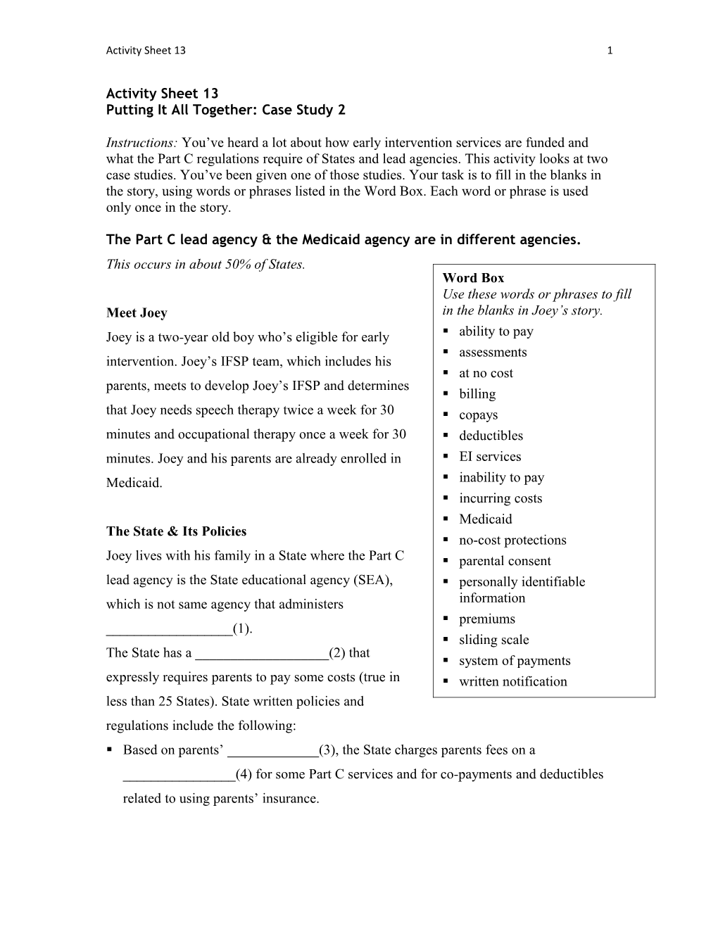 Activity Sheets for Module 18 Use of Part C Funds