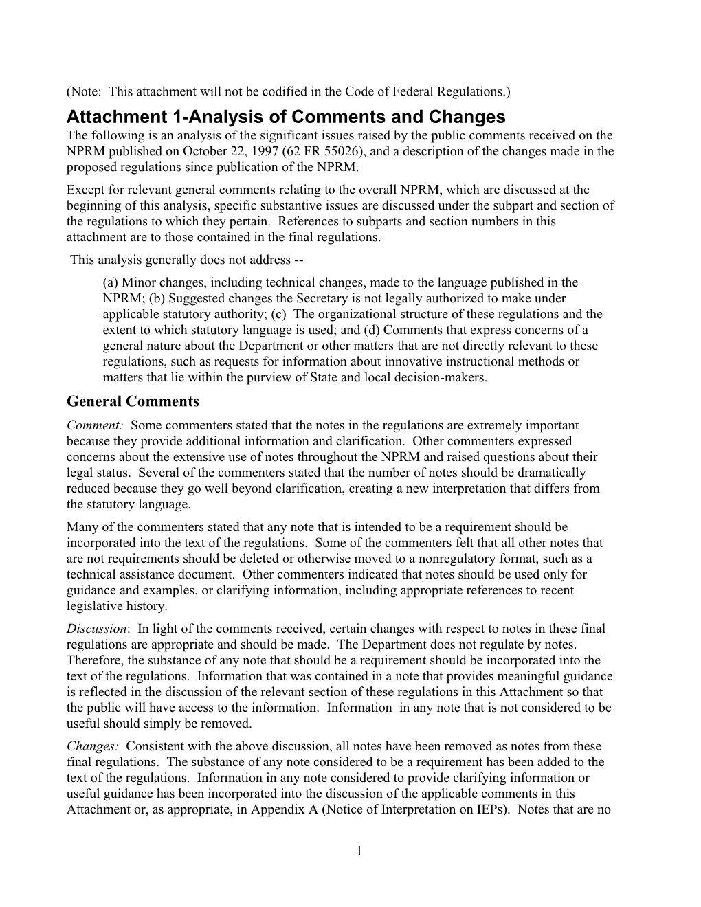 Attachment 1-Analysis of Comments and Changes