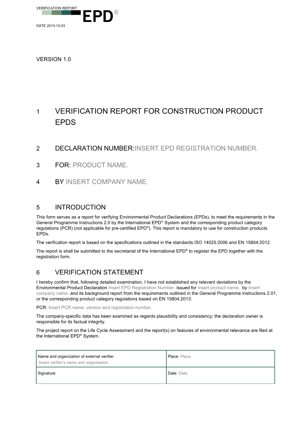 VERIFICATION REPORT for Construction Product Epds