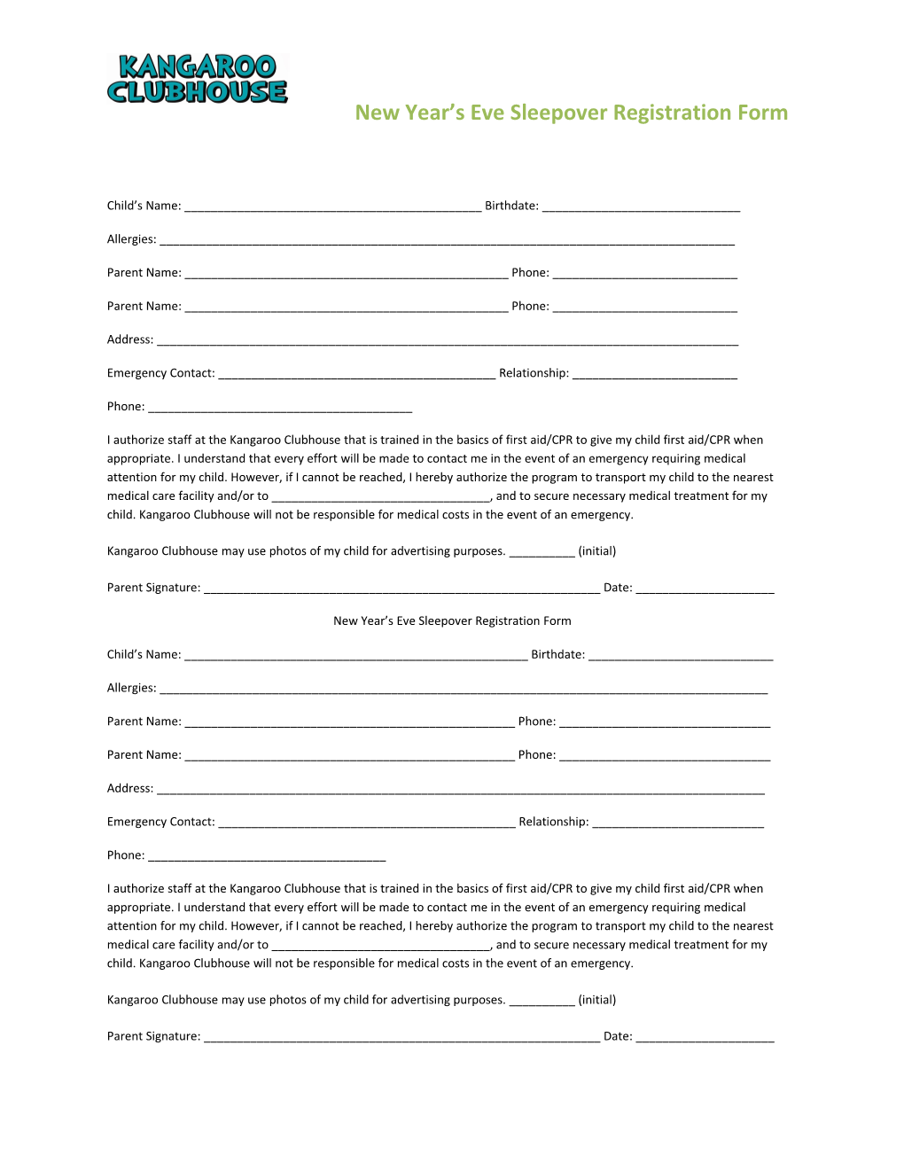 New Year S Eve Sleepover Registion Form