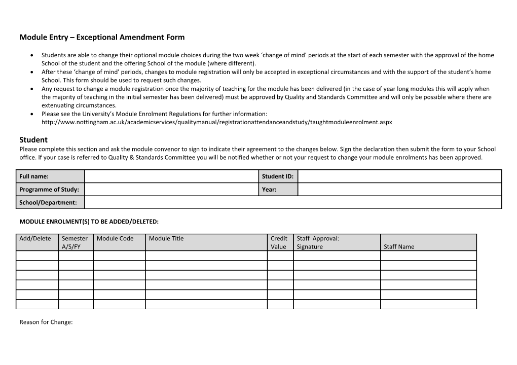 Module Entry Exceptional Amendment Form