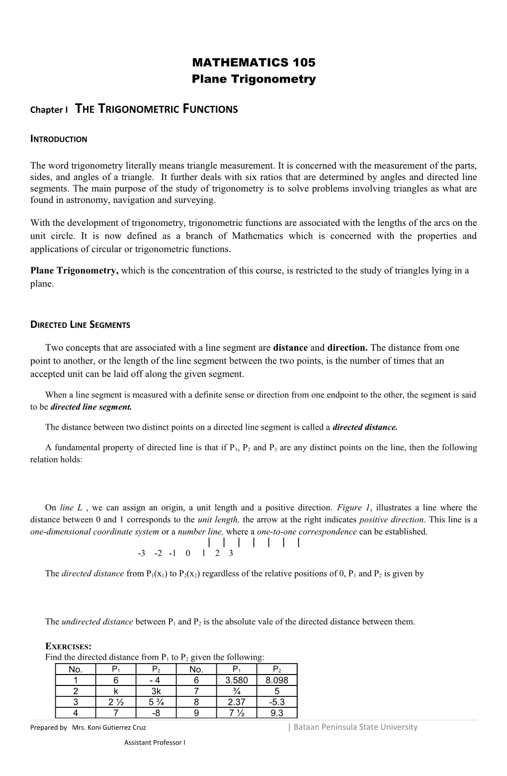 Math 105 PLANE TRIGONOMETRY