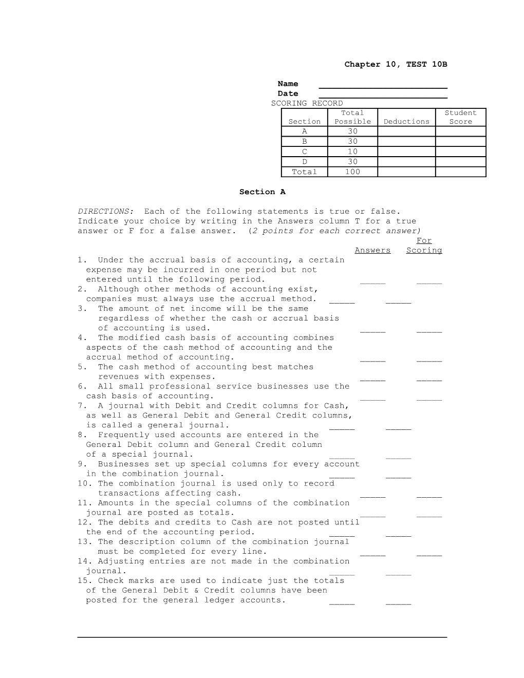 Chapter 10, TEST 10B