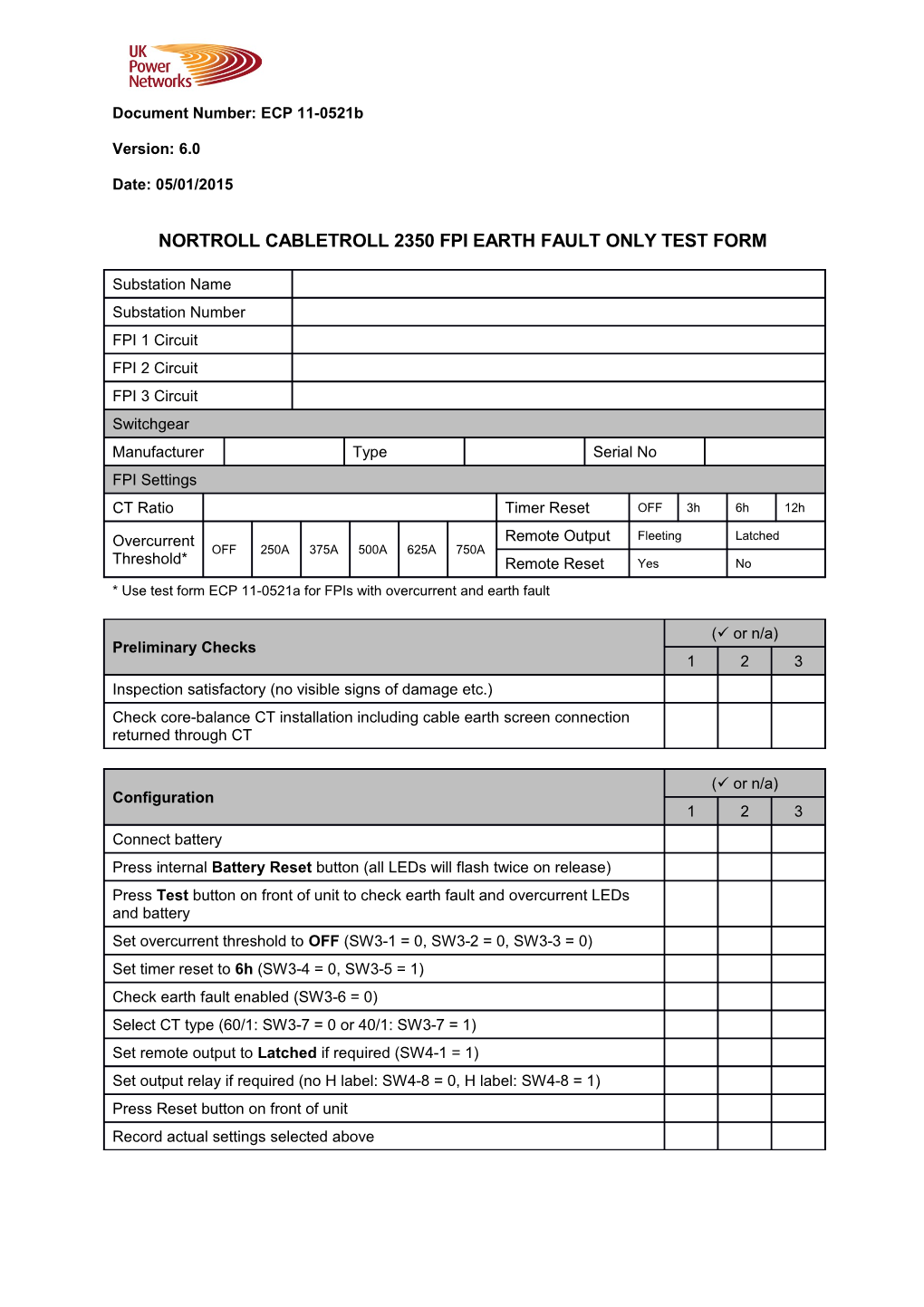 ECP 11-0521B Nortroll Cabletroll 2350 FPI Earth Fault Only Test Form