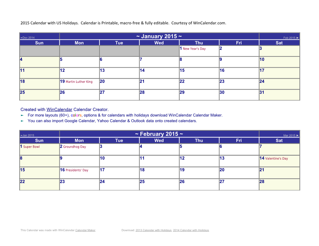 2015 Calendar with US Holidays s1