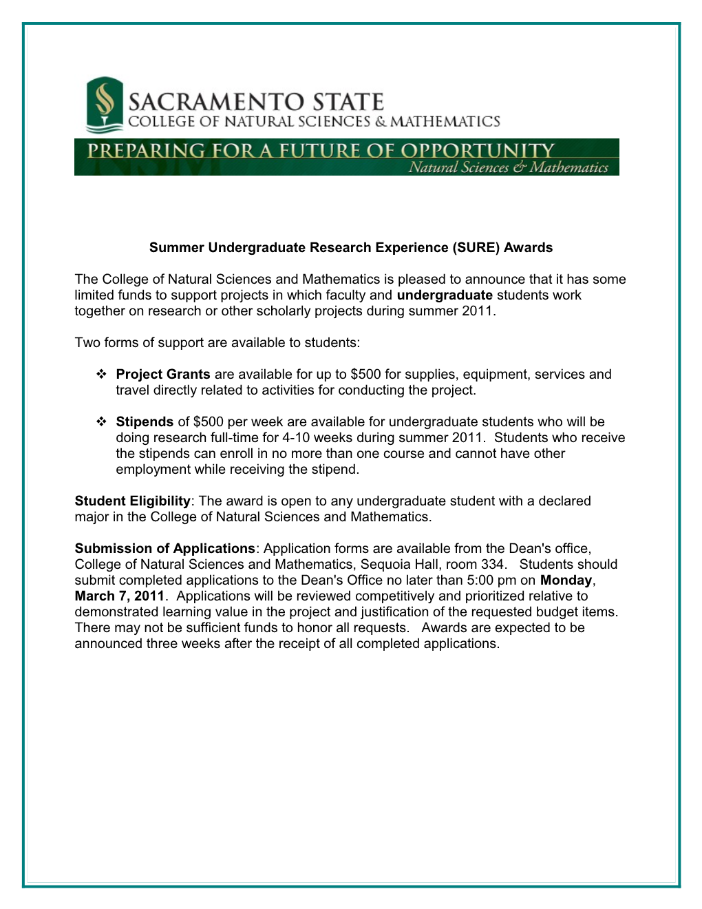 Summer Undergraduate Research Experience (SURE) Awards