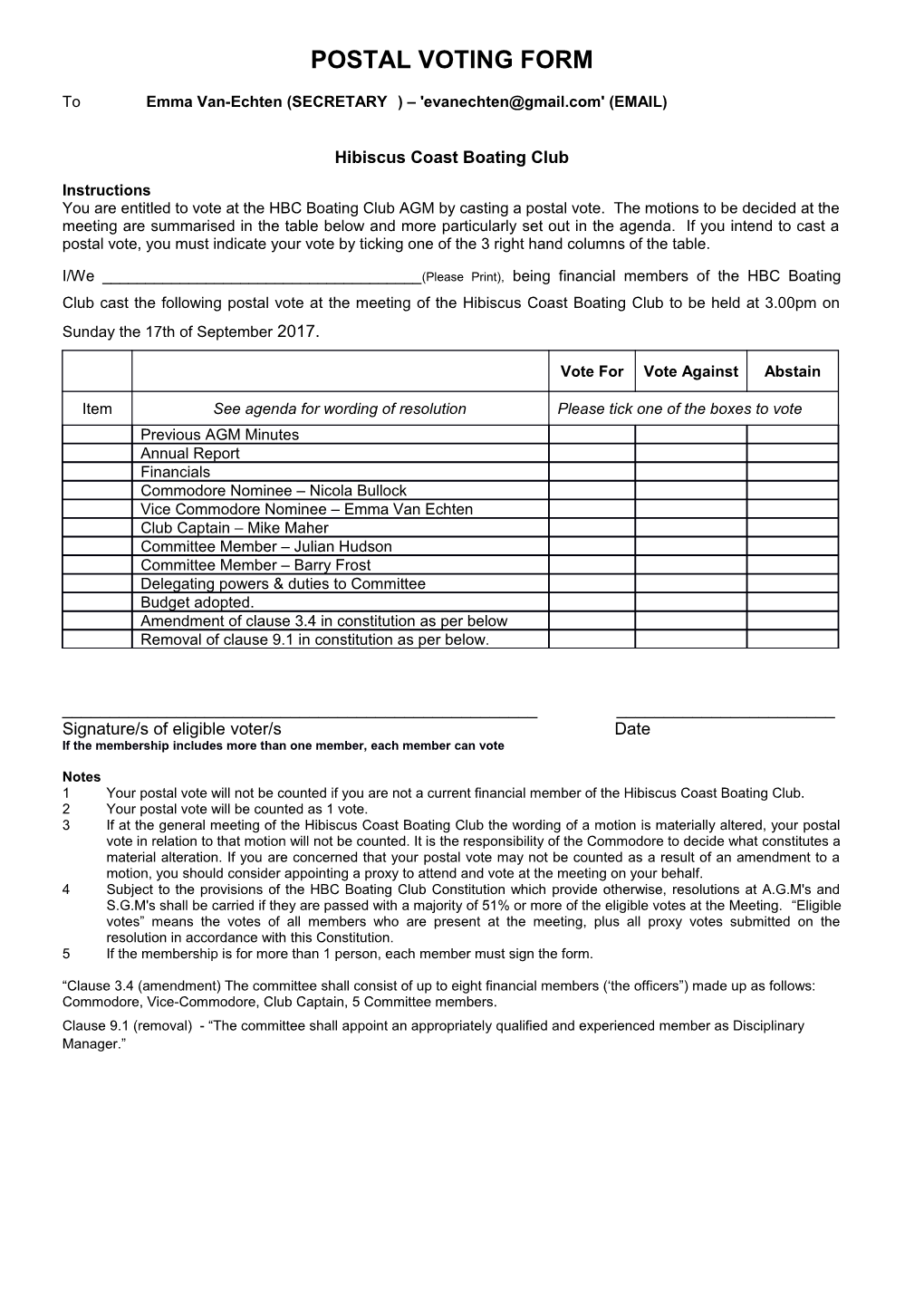 Postal Voting Form