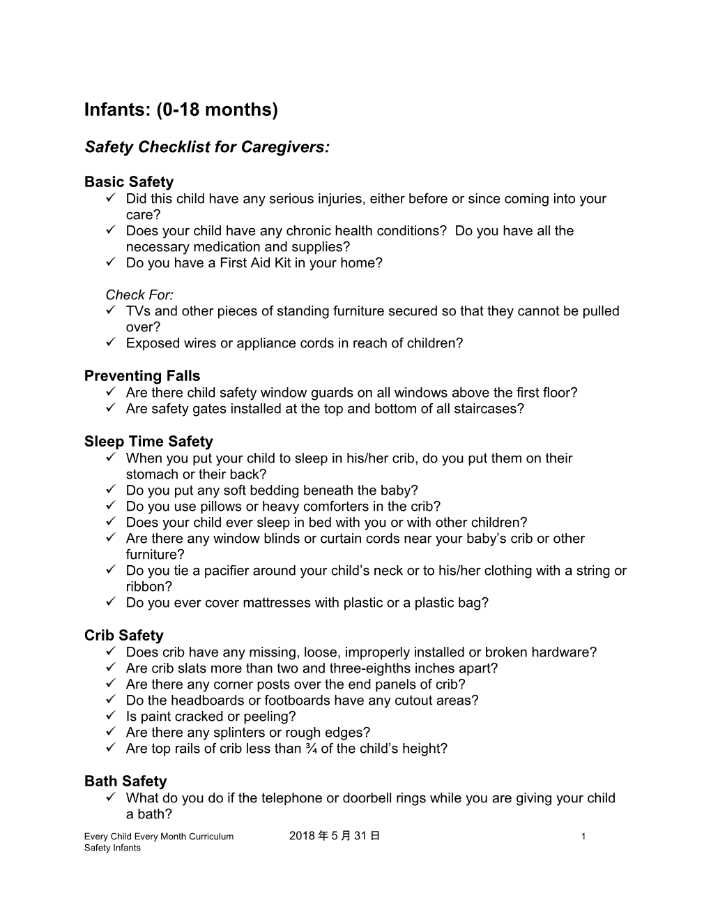 Safety Questions Checklist for Infants: Questions for Caregivers