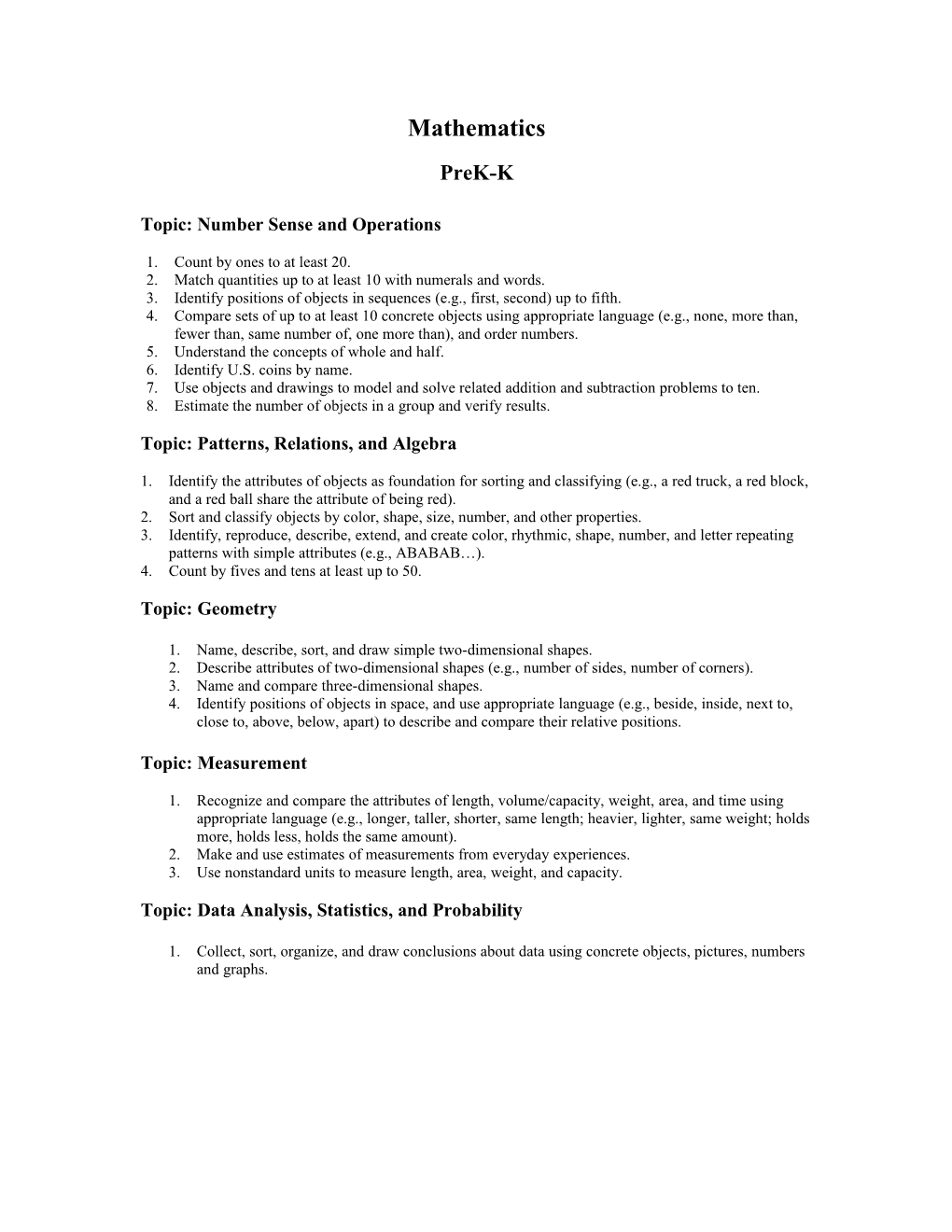 Topic: Number Sense and Operations